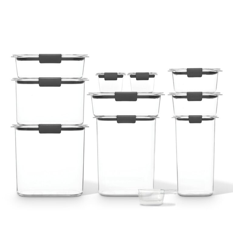 Rubbermaid Brilliance pantry food storage containers with clear BPA-free Tritan bodies and black latched lids